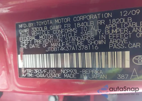 2010 Toyota Yaris from USA, damaged, VIN JTDBT4K37A1378116